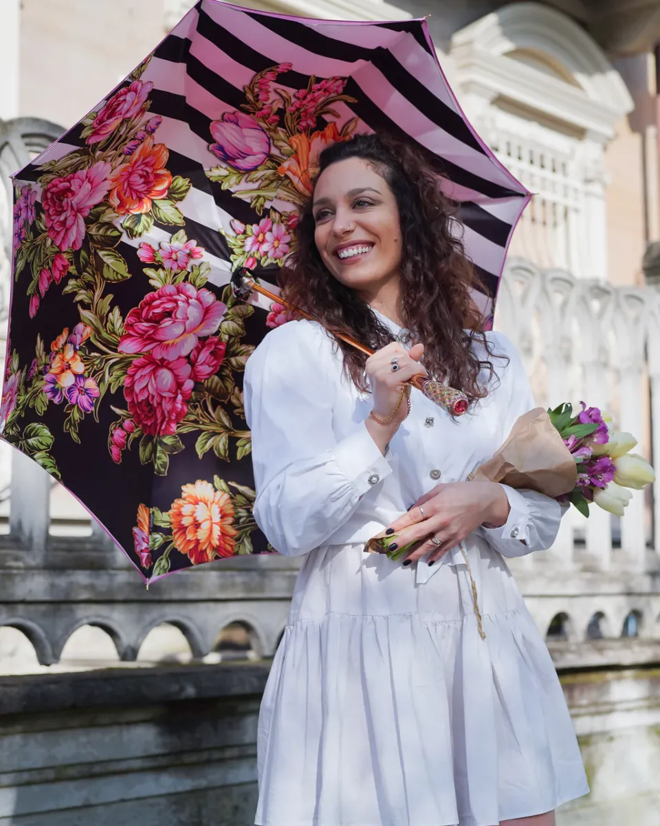 Discount Il Marchesato Artisan Pink Floral Umbrella with Crystal Handle & Exquisite Hand-Pain