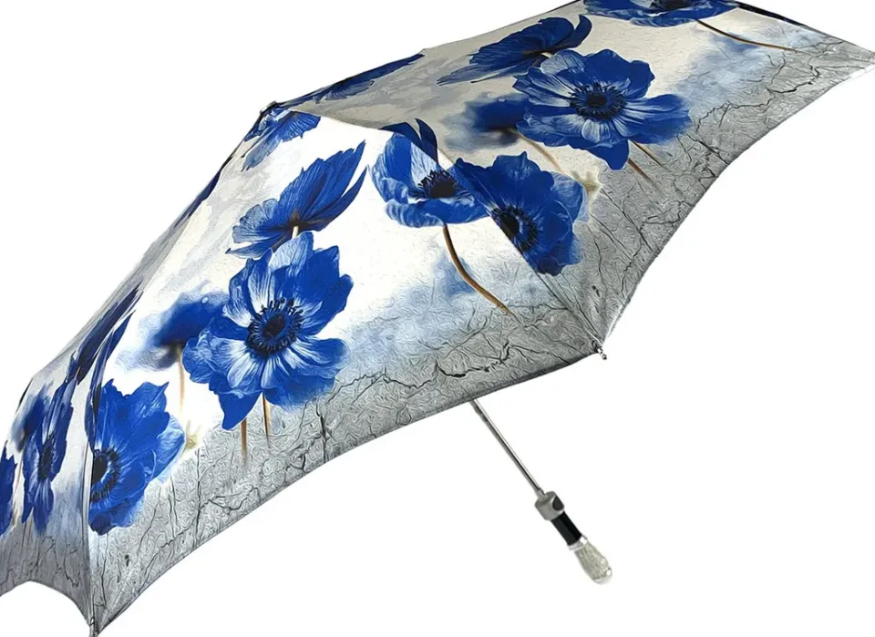 Fashion Il Marchesato Bellissimo ombrello pieghevole con papaveri blu