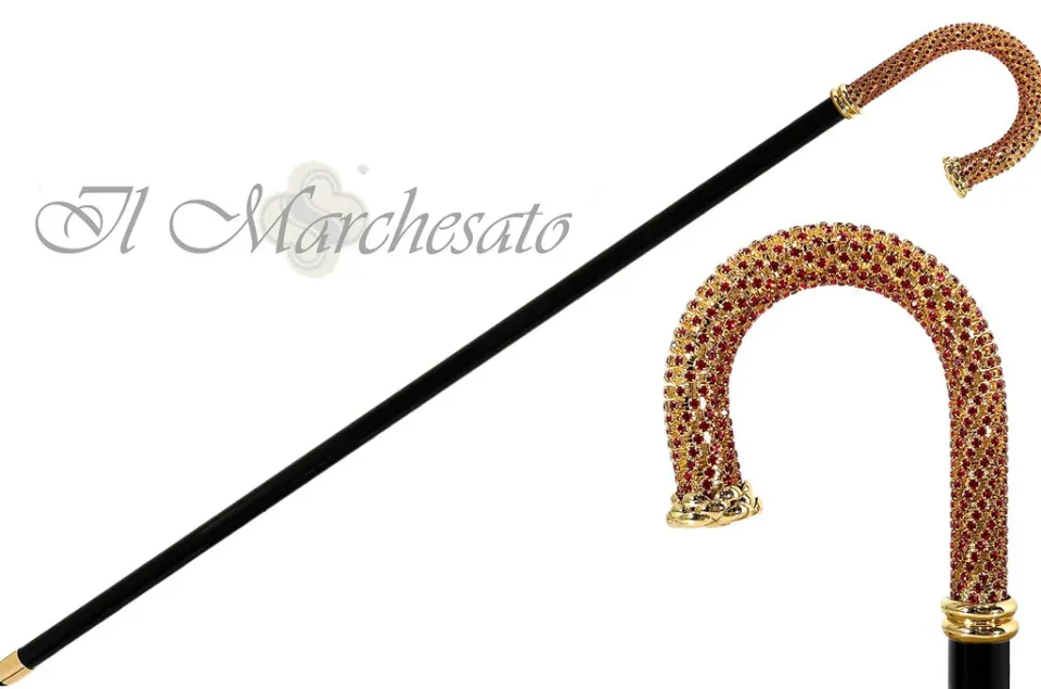 Hot Il Marchesato Cristalli di Siam rossi - bastone da passeggio placcato in oro 24 cara