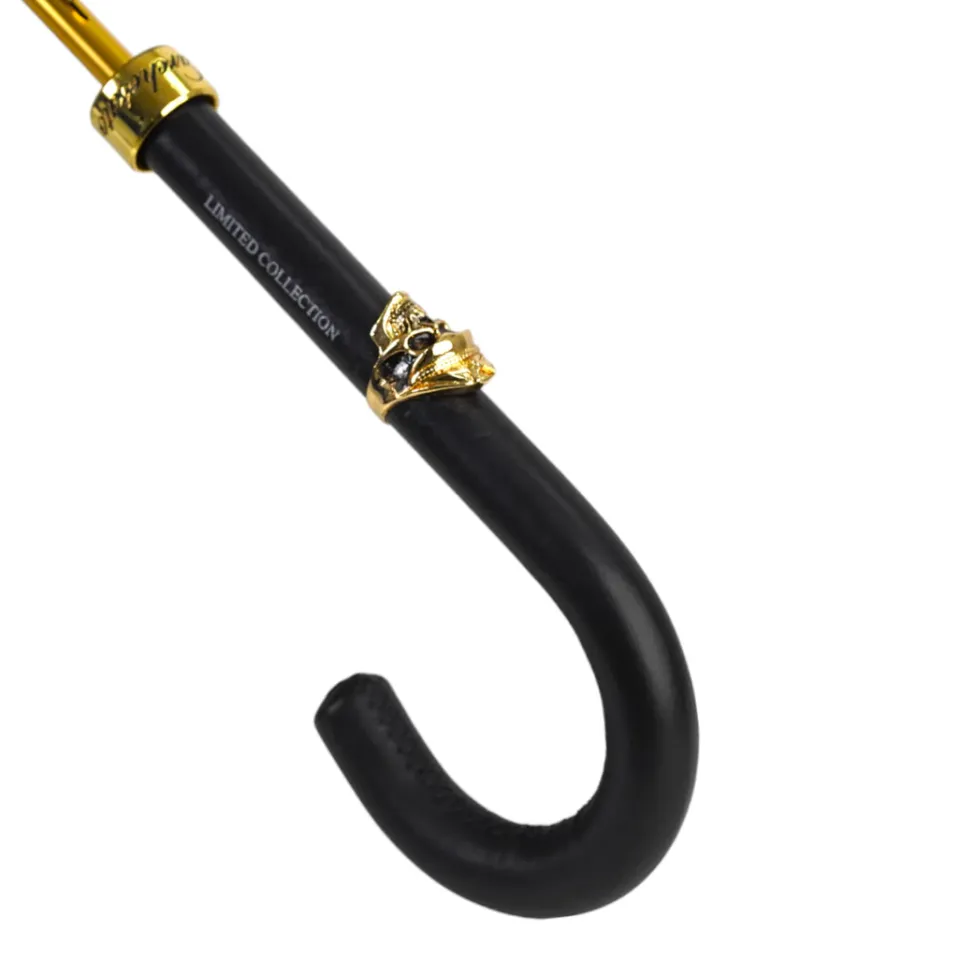 Sale Il Marchesato Elegant Umbrella with Leather Handle, Gold Skull, and Ornate Black and