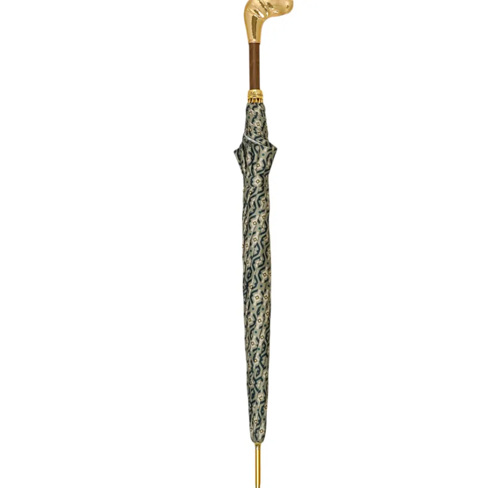 Discount Il Marchesato Golden Hound: Beige Patterned Umbrella with Dog Handle in Gold Finish