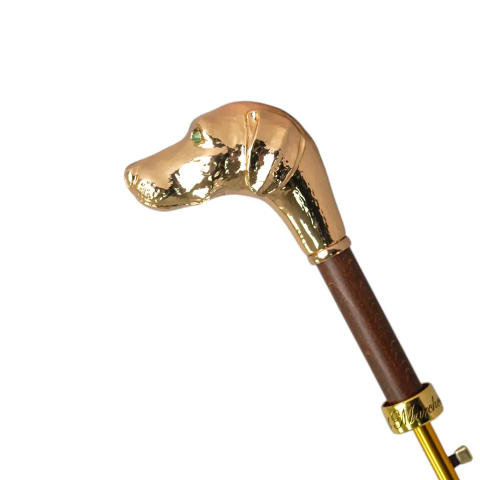 Discount Il Marchesato Golden Hound: Beige Patterned Umbrella with Dog Handle in Gold Finish