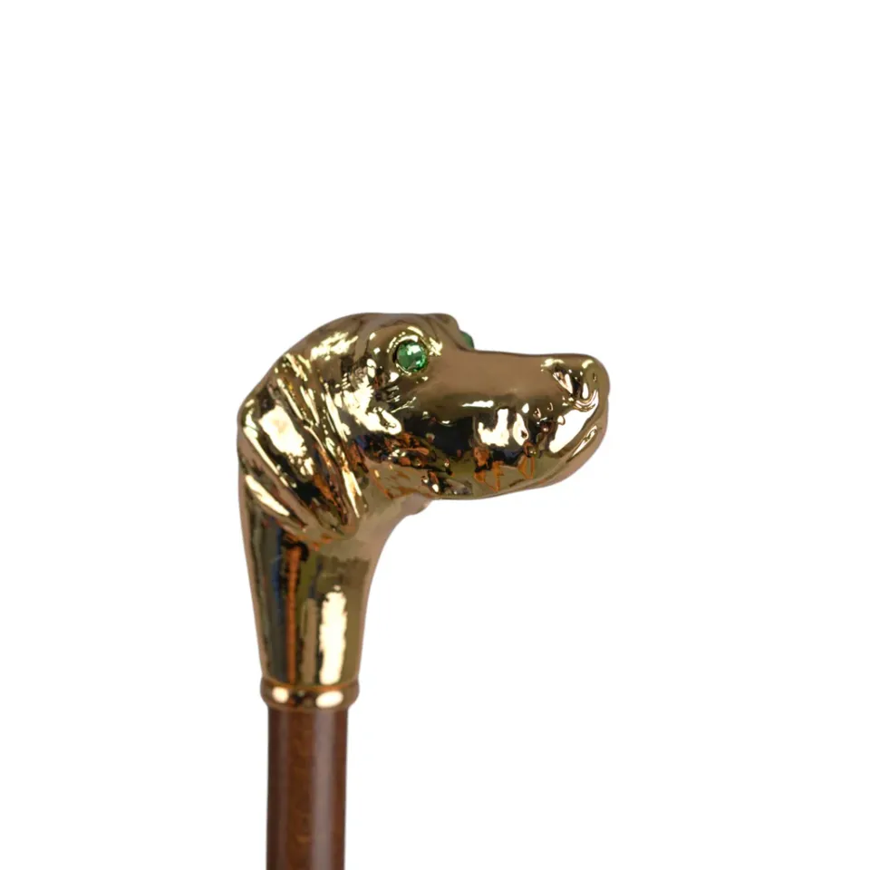 Discount Il Marchesato Golden Hound: Beige Patterned Umbrella with Dog Handle in Gold Finish