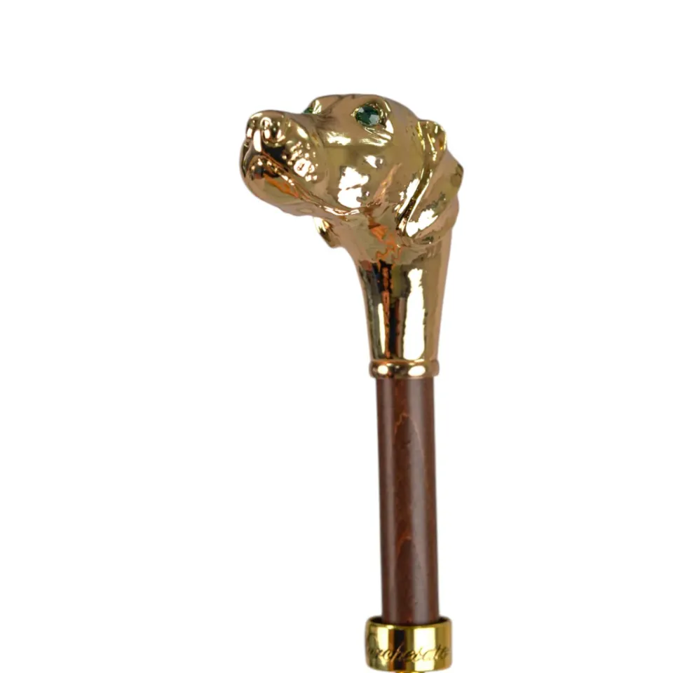 Discount Il Marchesato Golden Hound: Beige Patterned Umbrella with Dog Handle in Gold Finish