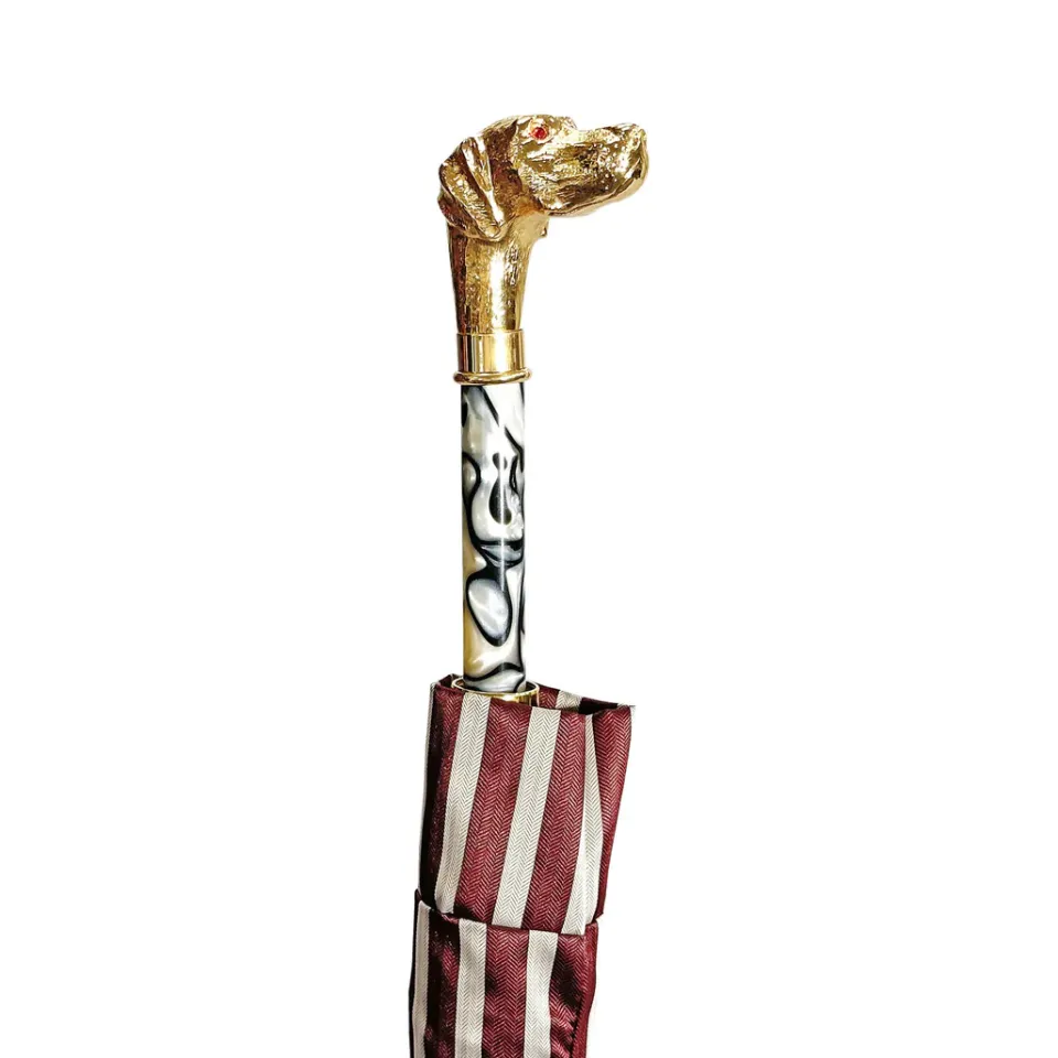 Discount Il Marchesato Ombrello automatico con manico cane da punta placcato oro 24K