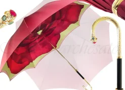 Outlet Il Marchesato Ombrello Doppio tessuto con Rosa rossa interna - impugnatura dorata co