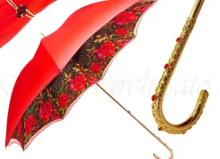 Discount Il Marchesato Ombrello floreale rosso, doppio tessuto e manico dorato con cristalli