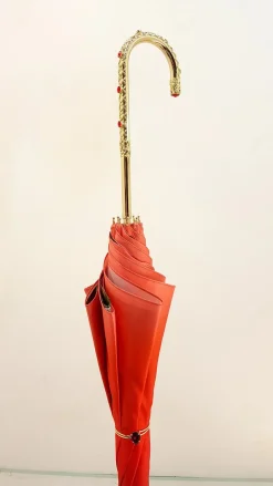 Discount Il Marchesato Ombrello floreale rosso, doppio tessuto e manico dorato con cristalli