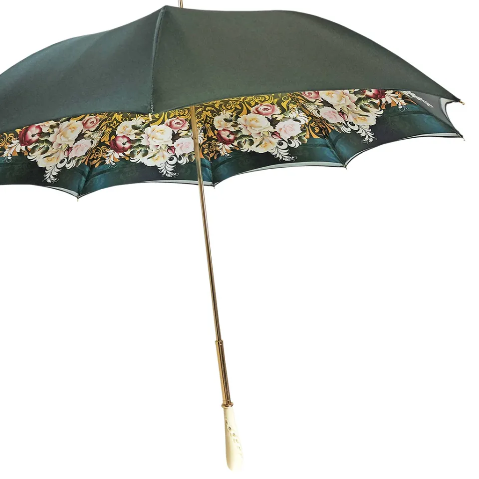 Online Il Marchesato Ombrello verde scuro con rose e manopola crema
